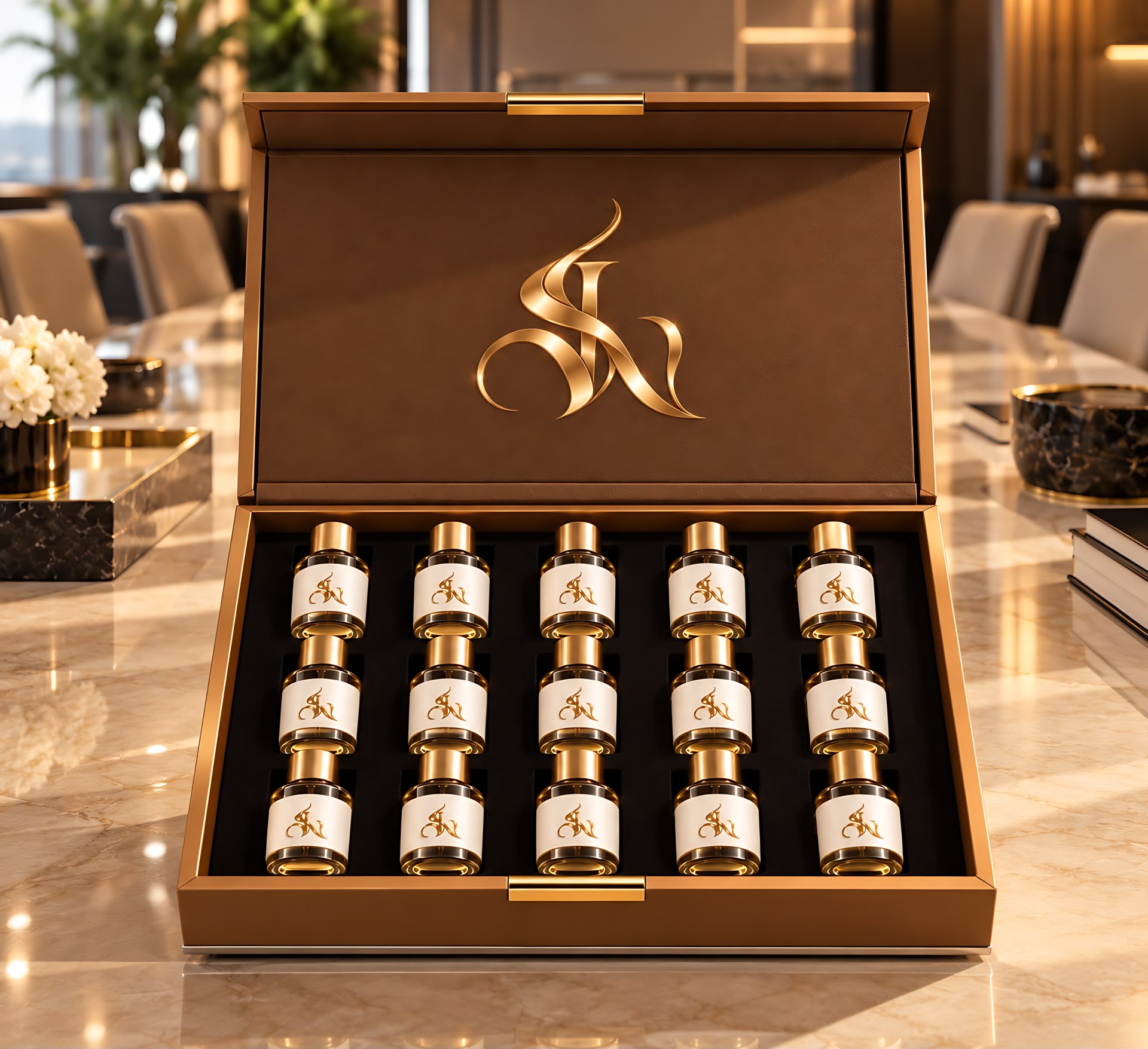 The Scent in Motion fragrance discovery box, open, holding fifteen sample bottles
